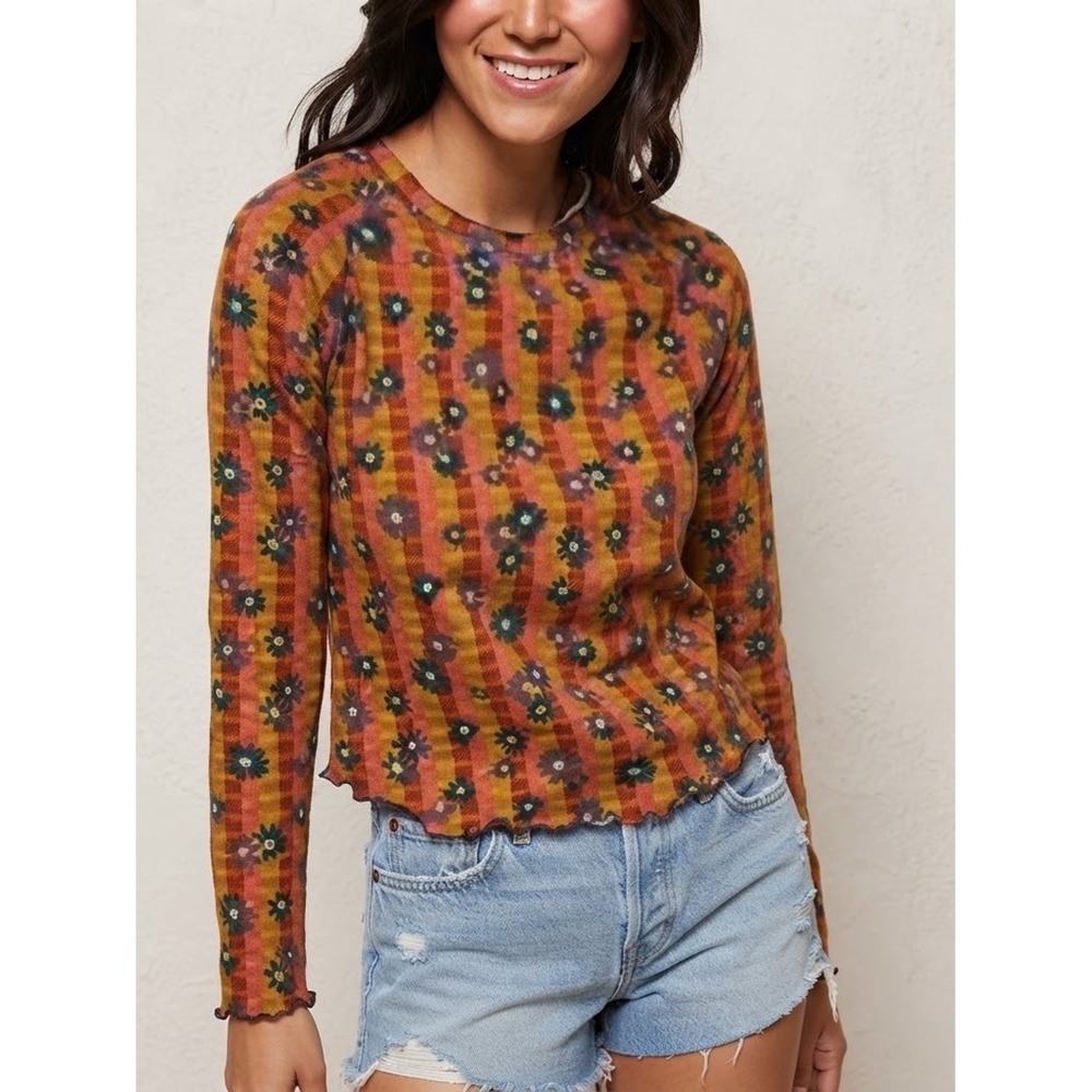 Natural Life Boho Floral Plaid Lettuce Edge Long Sleeve Cotton Tee L Retro Boho